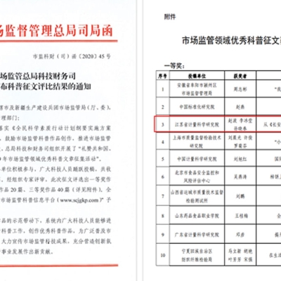 江蘇省計量院榮獲全國市場監管領域優秀科普征文一等獎
